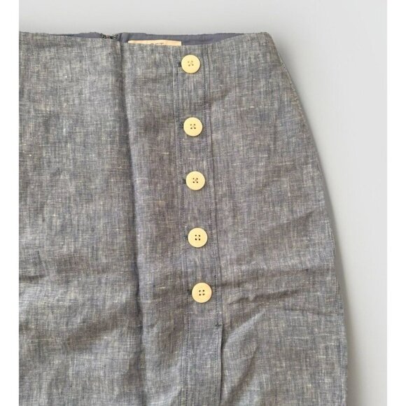 Ann Taylor LOFT 100% Linen Skirt Sky Chambray Blue Button Midi Straight Split - Picture 3 of 7
